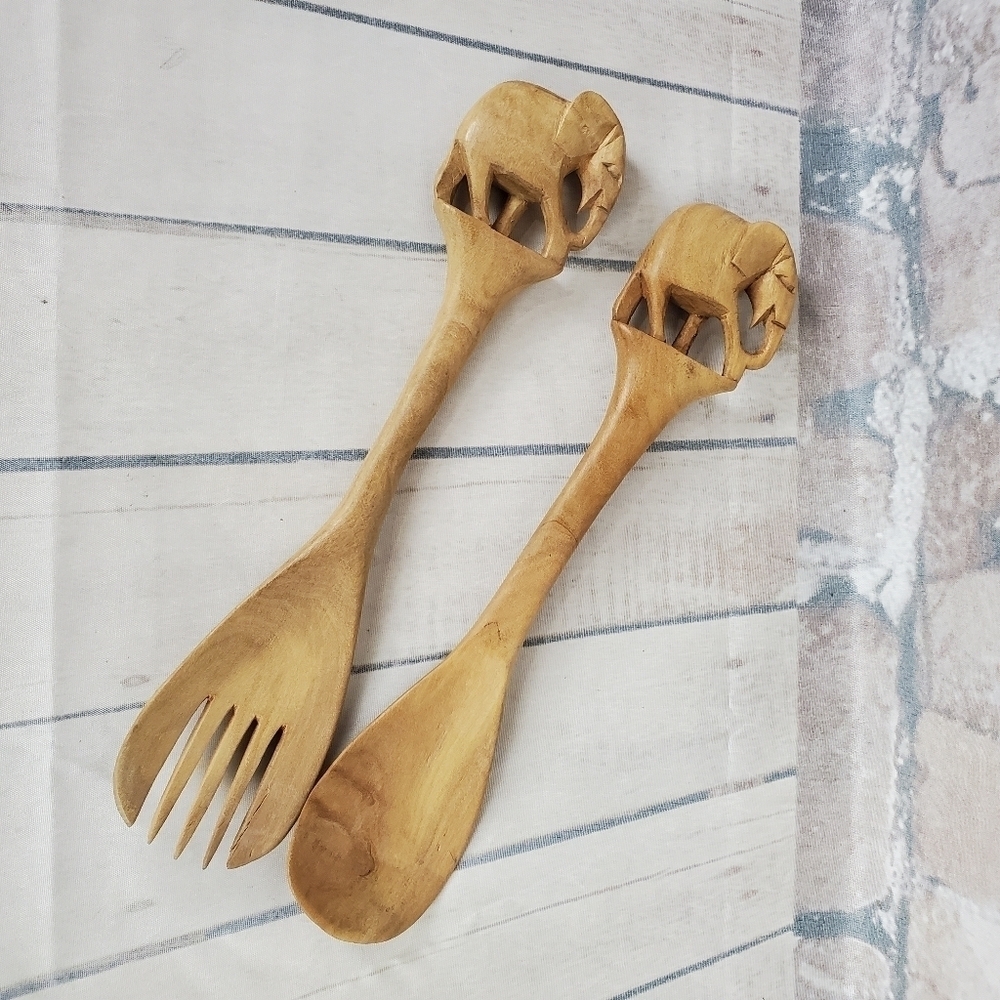 Vintage Hand Carved Wooden Kenya Fork and Spoon Elephants